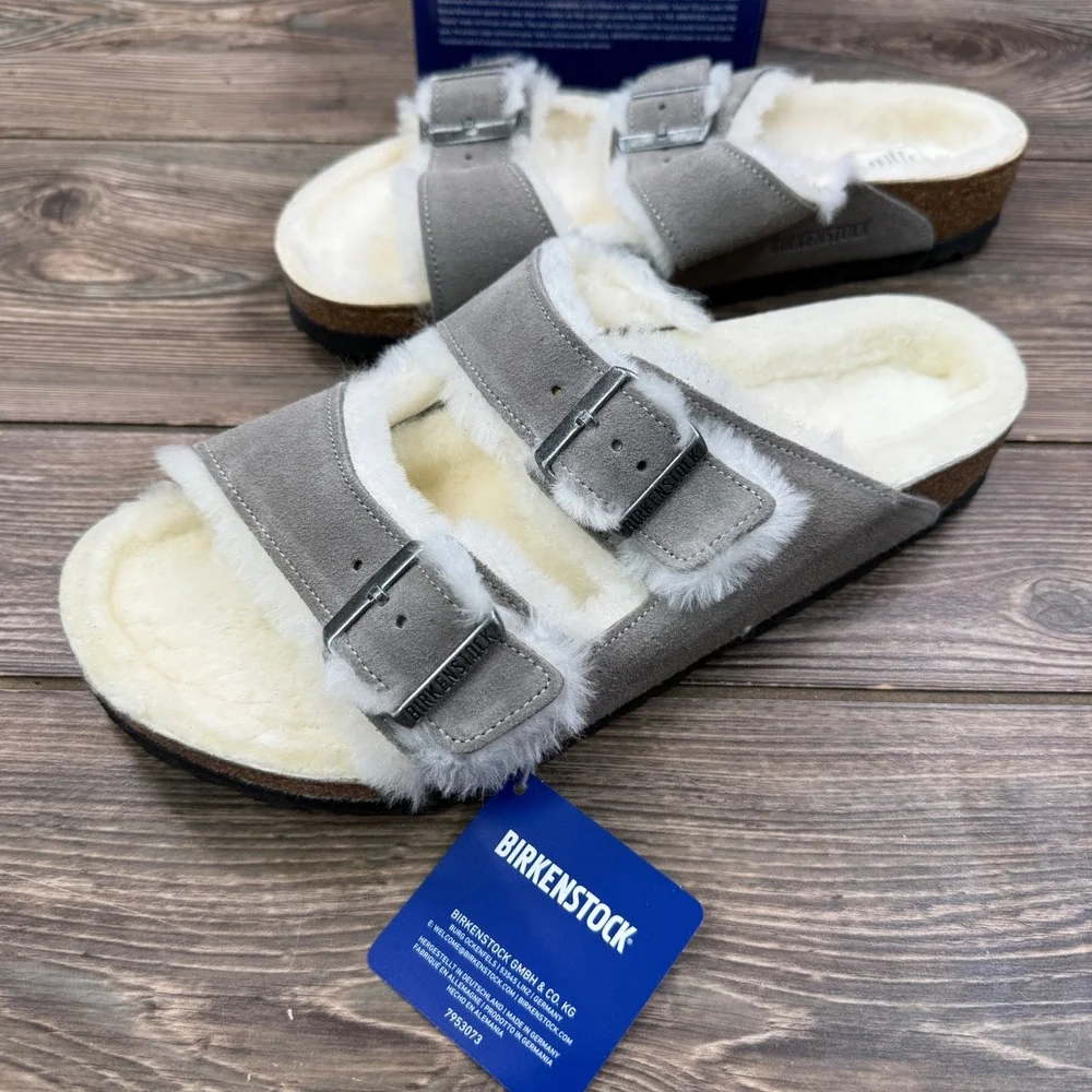 Birkenstock Mens Size 43 Arizona Fur Stone Coin Suede Shearling Sandals New